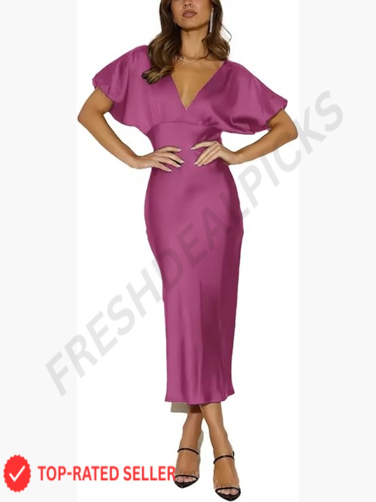 Satin Midi Dress Elegant V Neck Puffy Sleeves Empire Waist Tie Back Formal
